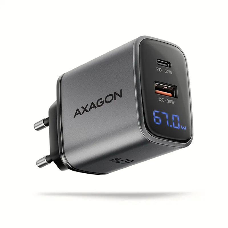 AXAGON ACU-PQ67D, GaN nabíječka do sítě 67W, výstup USB-A + USB-C, PD3.0/PPS/QC4+/SFC2.0/Apple, LCD ACU-PQ67D