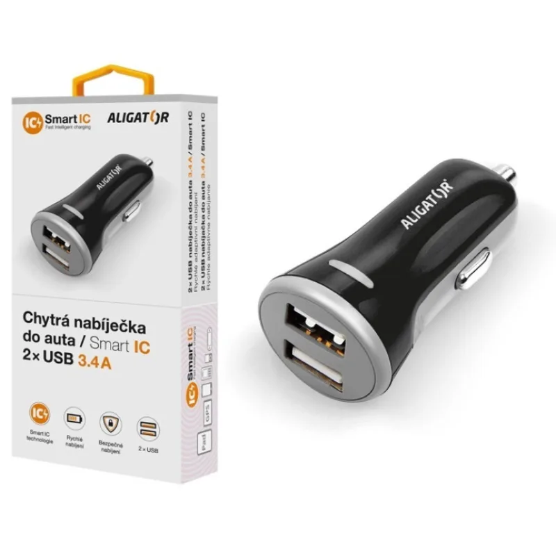 Chytrá nabíječka do auta ALIGATOR 3.4A, 2xUSB, smart IC, černá CHS0005