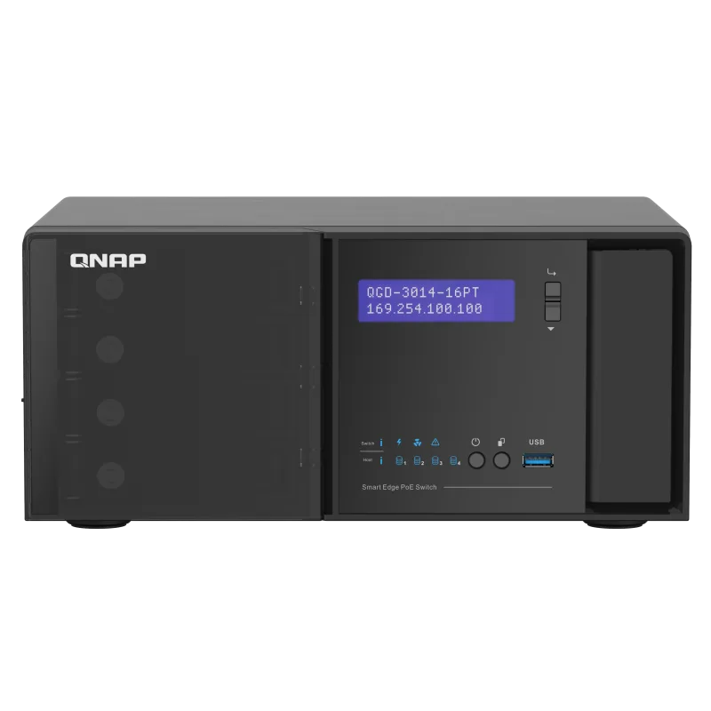 QNAP řízený switch QGD-3014-16PT-8G (16x GbE PoE+, 4core CPU, 4x SATA, 8GB RAM, 2x HDMI, 3x USB) QGD-3014-16PT-8G