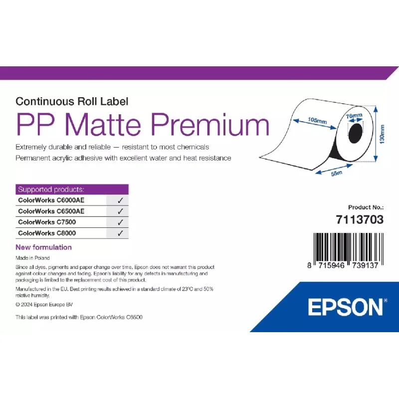 EPSON POKLADNÍ SYSTÉMY EPSON PP Matte Label Premium, Continuous Roll, 105mm x 55m 7113703