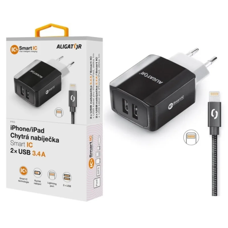 Chytrá síťová nabíječka ALIGATOR 3.4A, 2xUSB, smart IC, černá, kabel pro iPhone/iPad 2A CHS0001