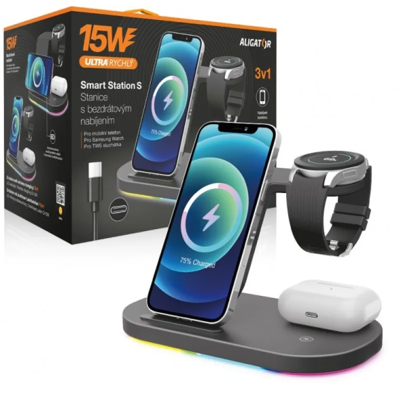 Aligator Stanice Smart Station S s bezdrátovým nabíjením 3v1, 15W AS04BK