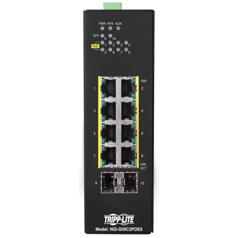 EATON Přepínač 8x zdroj Lite Managed Ethernet Switch, 10/100/1000Mb/s, 2GbE SFP, PoE+ 30W, -10°?+60°C, DIN NGI-S08C2POE8