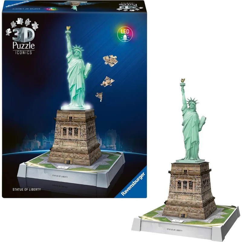 Svietiace 3D puzzle Ravensburger Iconics: Socha Slobody (Nočná edícia) 128 dielikov