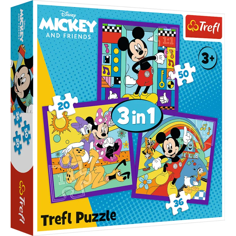 Puzzle pre deti Trefl sada 3v1 Mickey Mouse a jeho veselá parta 20,36,50 dielikov