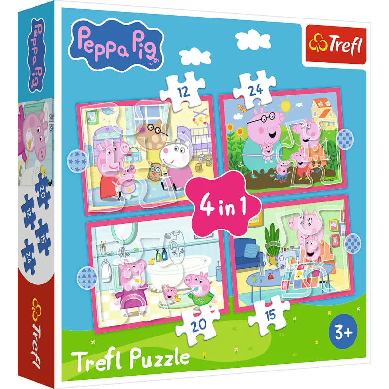 Puzzle pre deti Trefl sada 4v1 Prasiatko Peppa miluje dobrodružstvá 12,15,20,24 dielikov