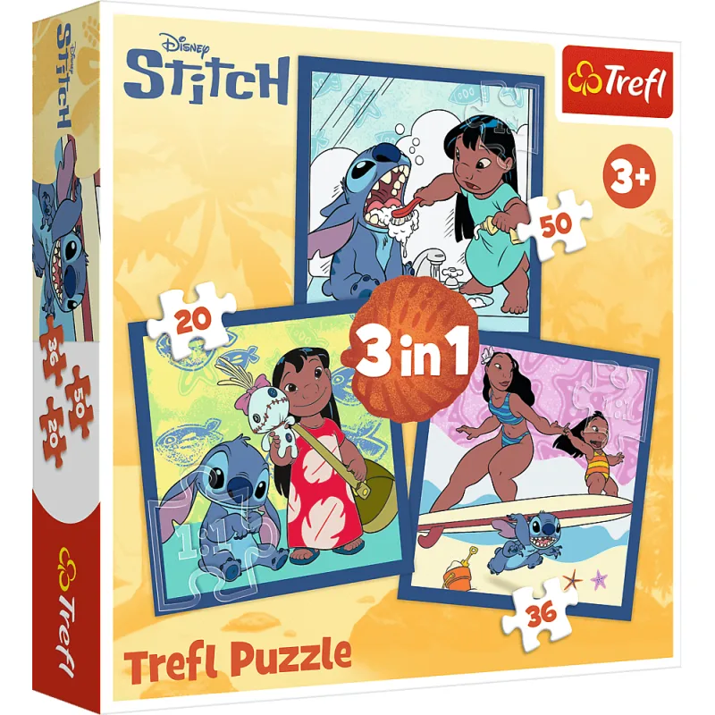 Puzzle pre deti Trefl sada 3v1 Lilo&Stitch: Čas strávený so Stitchom 20,36,50 dielikov