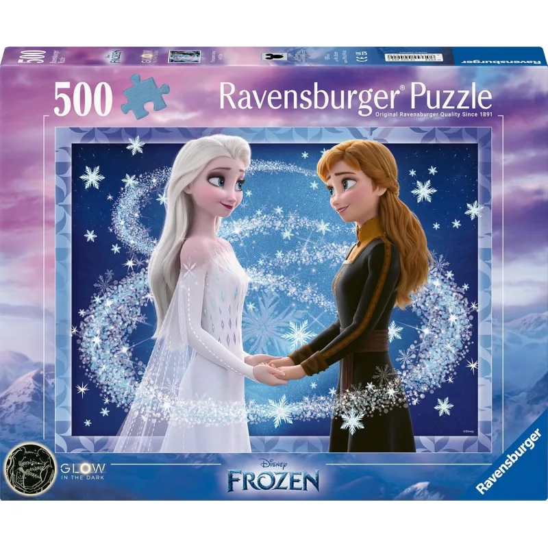 Svietiace puzzle Ravensburger 500 dielikov Ľadové kráľovstvo: Sestry Anna a Elsa