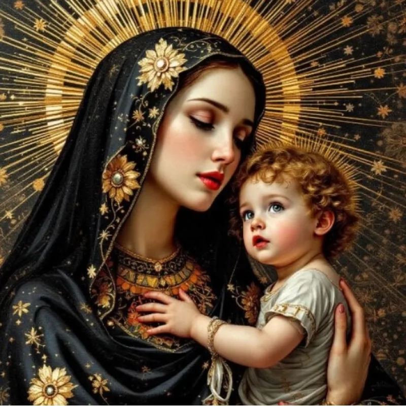 Diamantové maľovanie Norimpex 40x30 cm Panna Mária s Ježiškom so zlatými lúčmi v pozadí