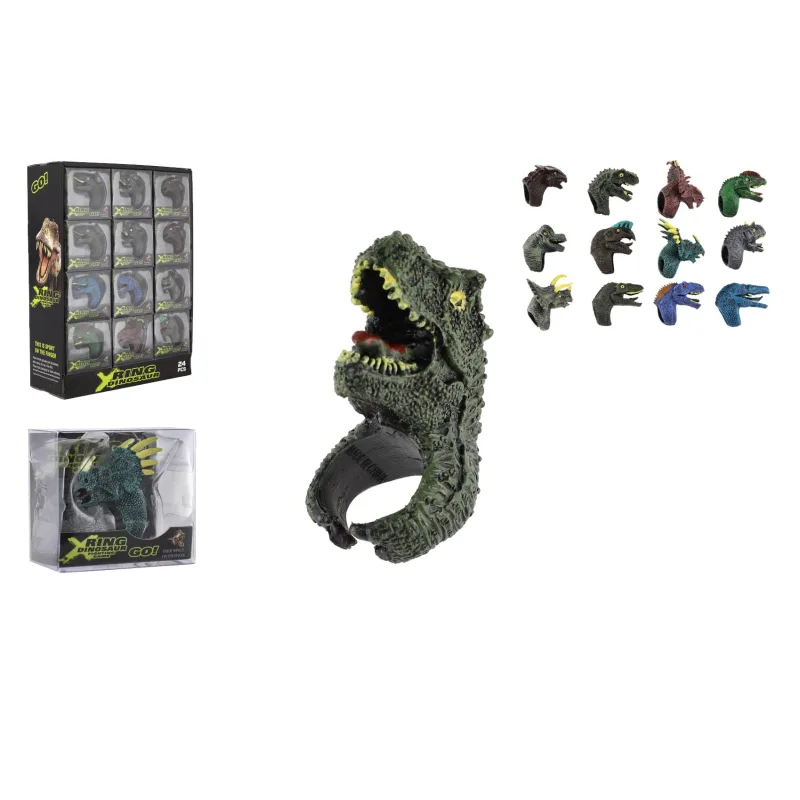 Teddies Prstienok dinosaurus nastaviteľný plast 2x4cm mix druhov v blistri 24ks v boxe
