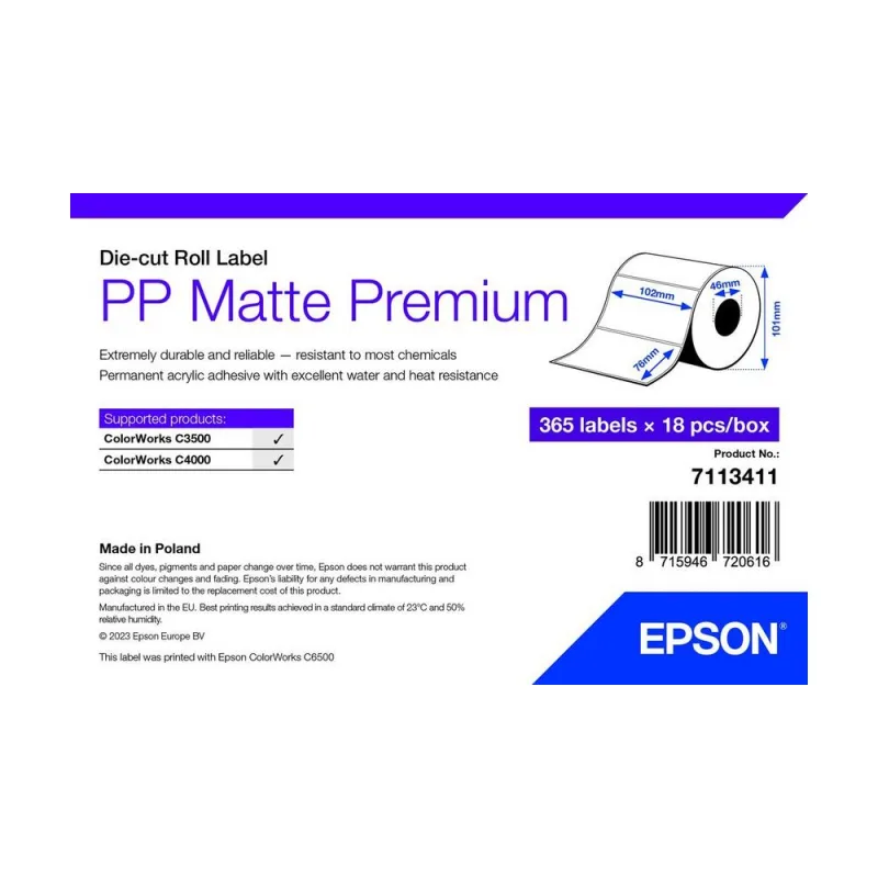 EPSON POKLADNÍ SYSTÉMY PP Matte Label Premium, 102mm x 76mm, 365 Labels 7113411