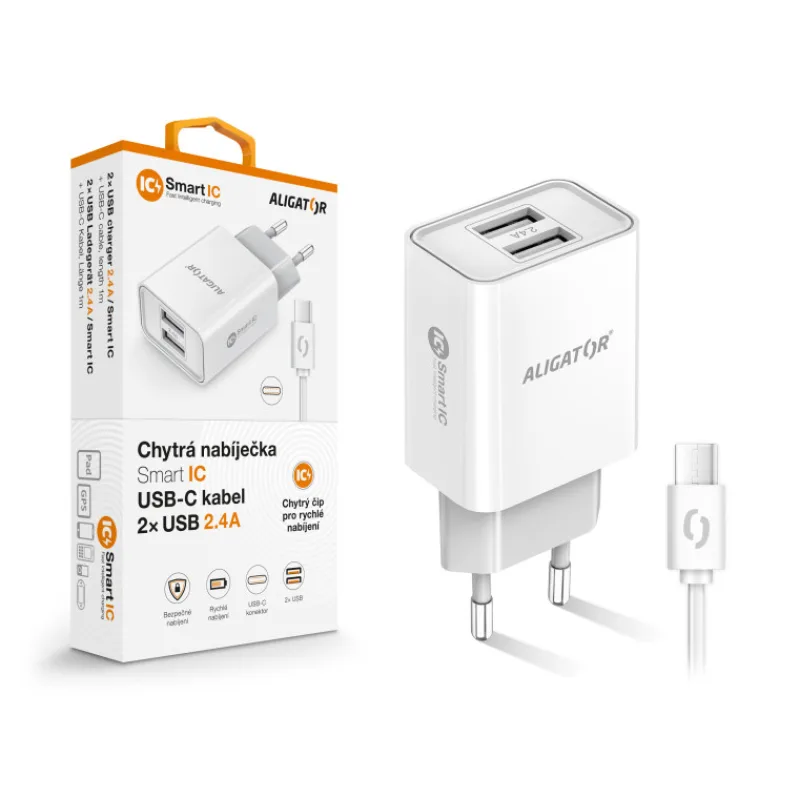 Chytrá síťová nabíječka ALIGATOR 2,4A, 2xUSB, smart IC, bílá, USB-C kabel CHA0043