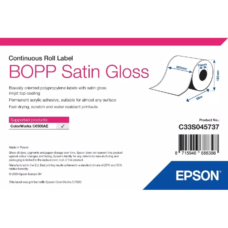 EPSON POKLADNÍ SYSTÉMY BOPP Satin Gloss Label - ContRoll: 203mm x 68m C33S045737