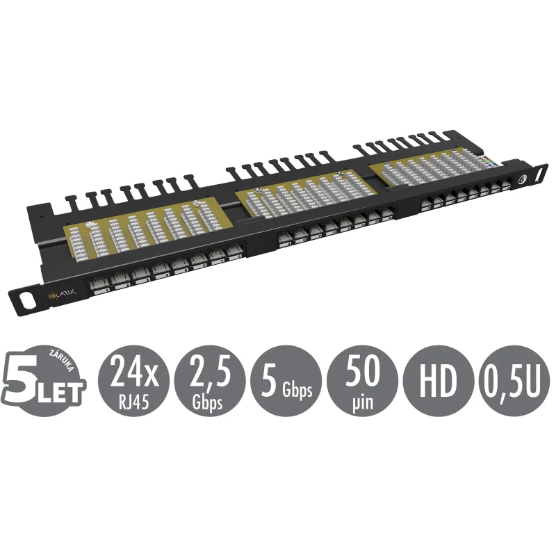 19" patch panel Solarix 24xRJ45 CAT6 UTP s vyvazovací lištou černý 0,5U SX24HD-6-UTP-BK 24000146