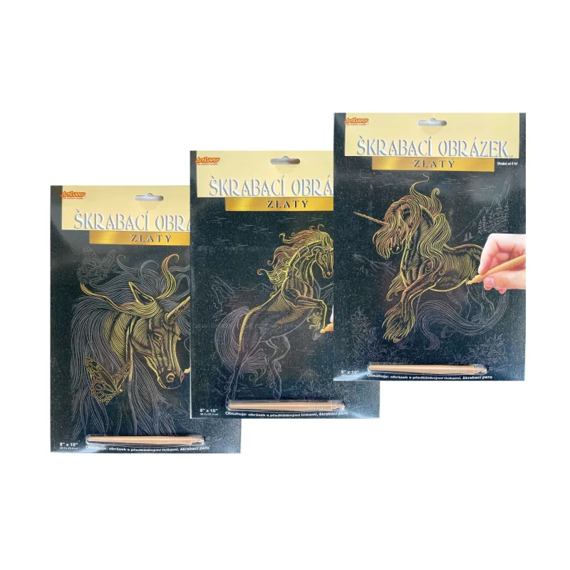 SMT Creatoys Škrabací obrázok zlatý Jednorožec A4 20,3x25,4cm 3 druhy na karte