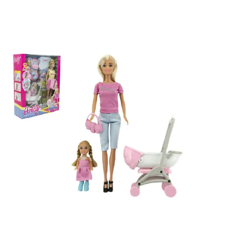 Teddies Sada bábika s dievčatkom a kočíkom + doplnky plast v krabici 27x34x9cm