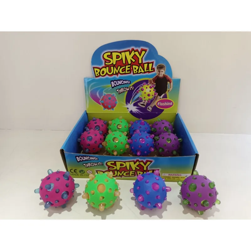 Loptička skákacia svietiaca špicatý silikón 7cm na batérie 4 farby 12 ks v boxe