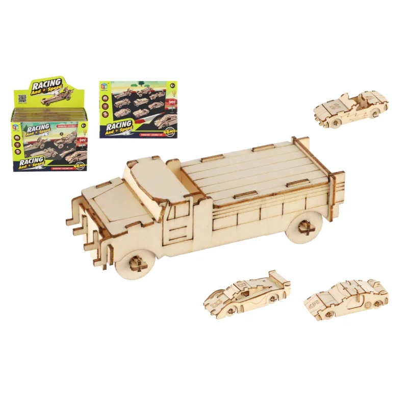 Teddies Dřevěné 3D puzzle/stavebnice auto 4ks ve fólii 2 druhy 12ks v boxu