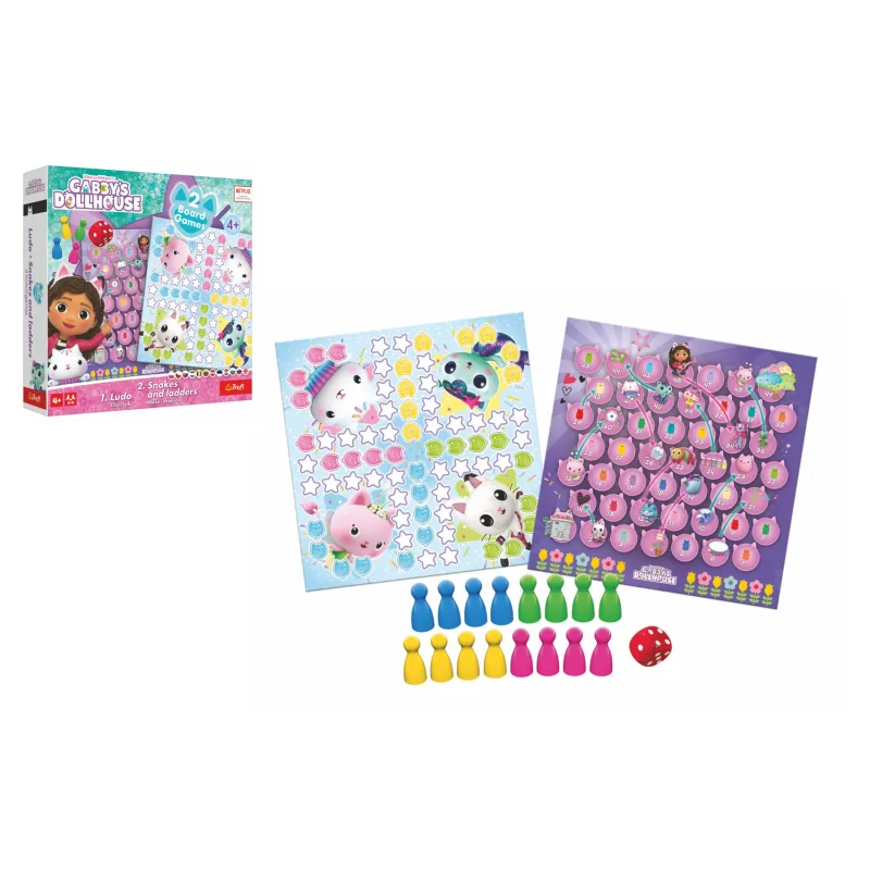 Trefl Súbor hier 2v1 Človeče, nehnevaj sa, Hadíky a rebríky Gabby/Gabby´s Dollhouse v krabici 24x24x5,5cm