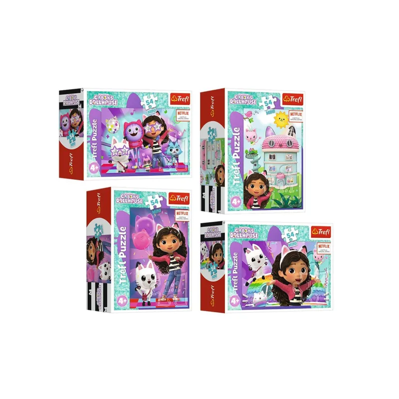 Trefl Minipuzzle 54 dielikov S Gabby je vždy zábava/Gabby´s Dollhouse 4 druhy v krab. 6,5x9cm 40ks v boxe