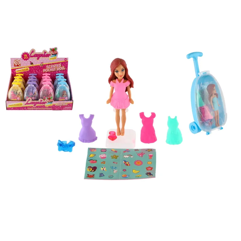 Teddies Bábika s doplnkami plast 9cm 4 farby v plastovom kufríku 7,5x13cm