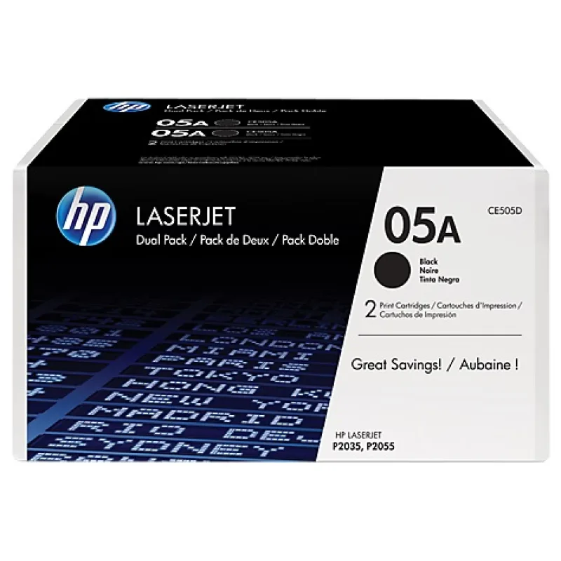 HP 05A Black LJ Toner Cart, 2-pack, CE505D (2,300 / 2,300 pages) CE505D