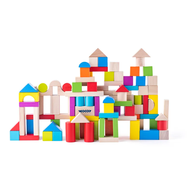 WOODY Stavebnica kocky farebné/natur s prestrkávacím vekom, 100 dielov