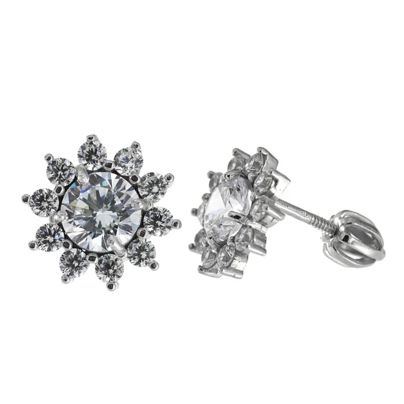 Strieborné náušnice kvietky s bielymi zirkónmi