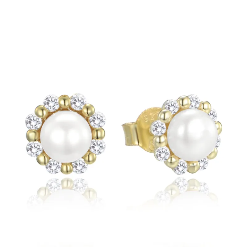 Pozlátené strieborné náušnice s prírodnými perlami a kubickými zirkónmi MINET JMAS7054GE00