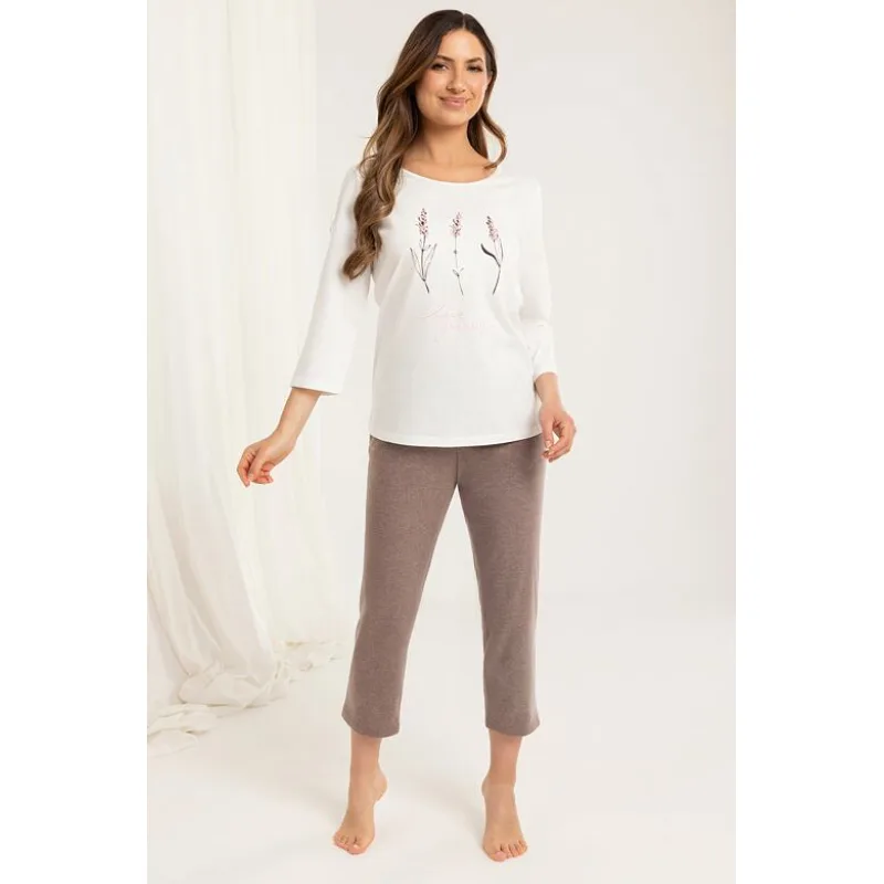 Dlhé dámske pyžamo Carmen ecru s potlačou XXL