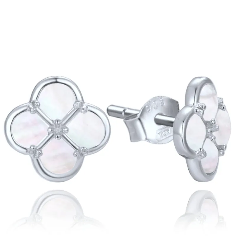 Strieborné náušnice štvorlístok s bielym narcisom MINET JMAS7058WE01