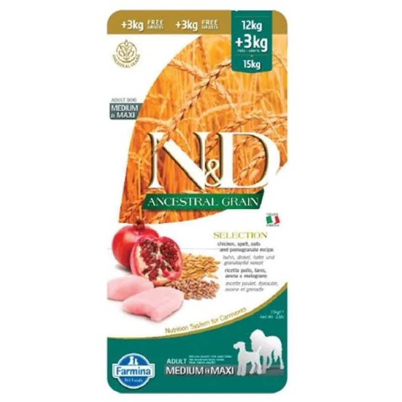 Farmina N&D dog AG adult medium & maxi, chicken, spelt, oats & pomegranate 12 ( 3 kg zadarmo) kg