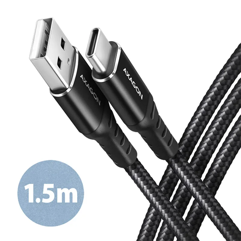 AXAGON BUCM-AM15AB, HQ kabel USB-C USB-A, 1.5m, USB 2.0, 3A, ALU, oplet, černý BUCM-AM15AB