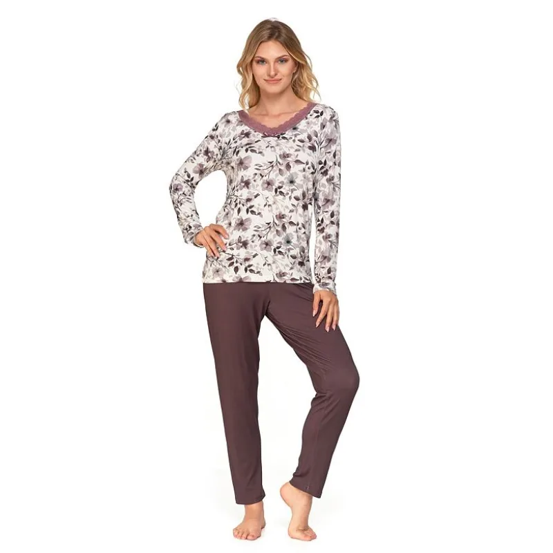 Viskózové pyžamo Amálie hnedo-biele s kvetmi L