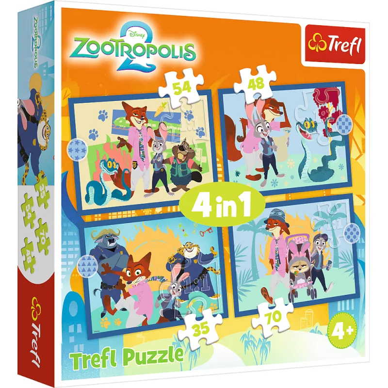 Puzzle pre deti Trefl sada 4v1 Zootropolis 2: Mesto plné dobrodružstiev