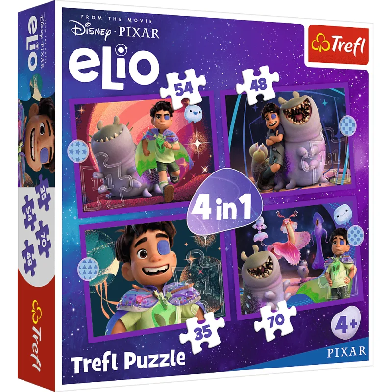 Puzzle pre deti Trefl sada 4v1 Elio: Eliho mimozemské misie 35,48,54,70 dielikov