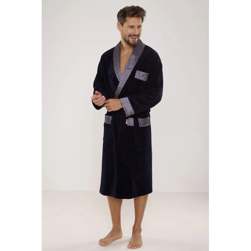 Velúrový pánsky župan Bonjour dlhý modrý 3XL