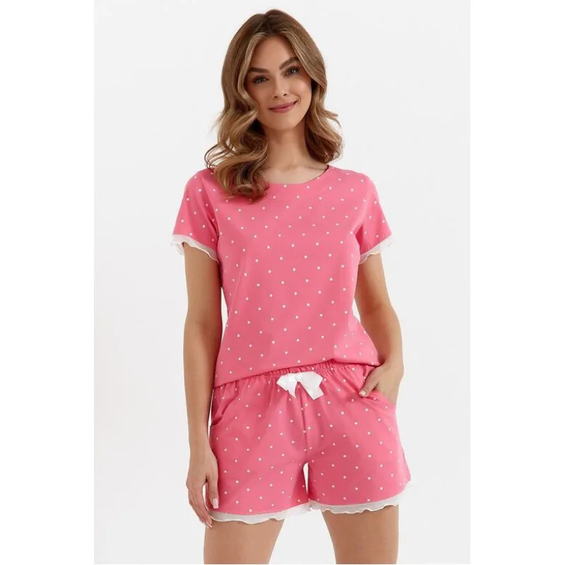 Bavlnené pyžamo Emotion krátke ružové s bodkami XL