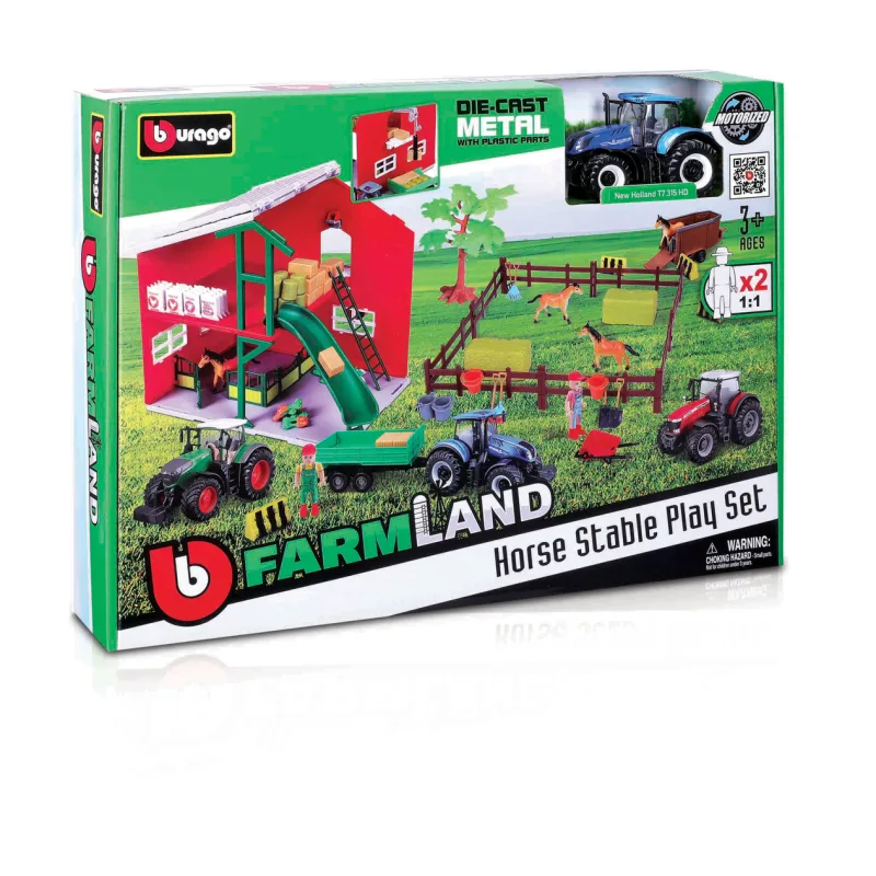 Bburago - FARMLAND, Set Stáj s koňmi a traktorem, assort