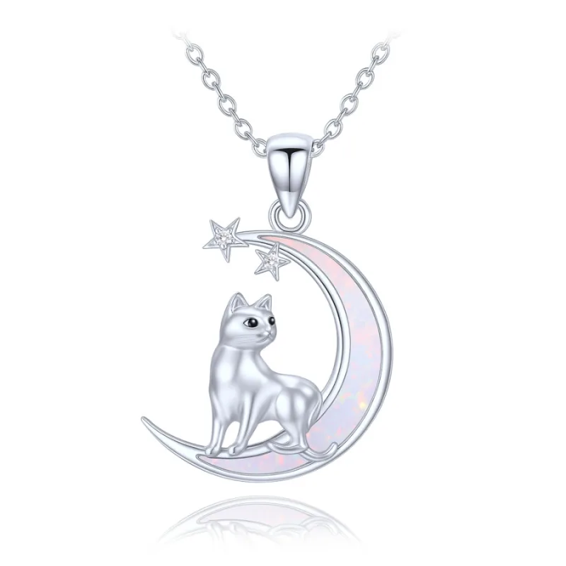 Strieborný náhrdelník mačka na mesiaci s bielymi a čiernymi zirkónmi a bielym opálom MINET JMAN0666WN45