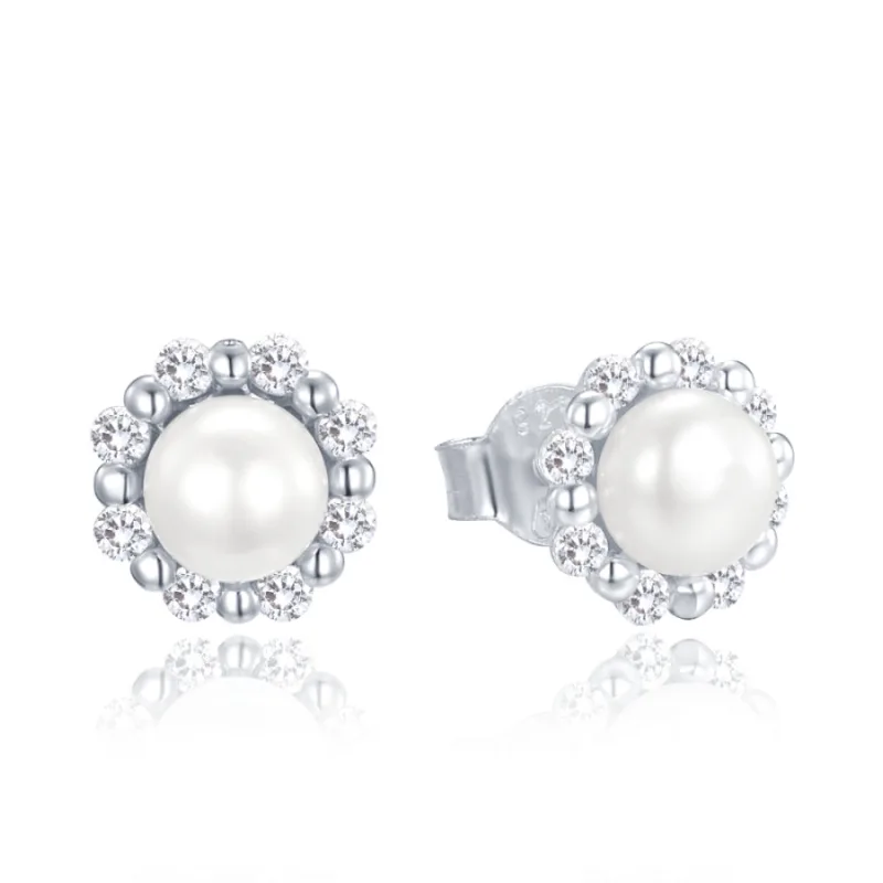 Strieborné náušnice s prírodnými perlami a kubickými zirkónmi MINET JMAS7054SE00