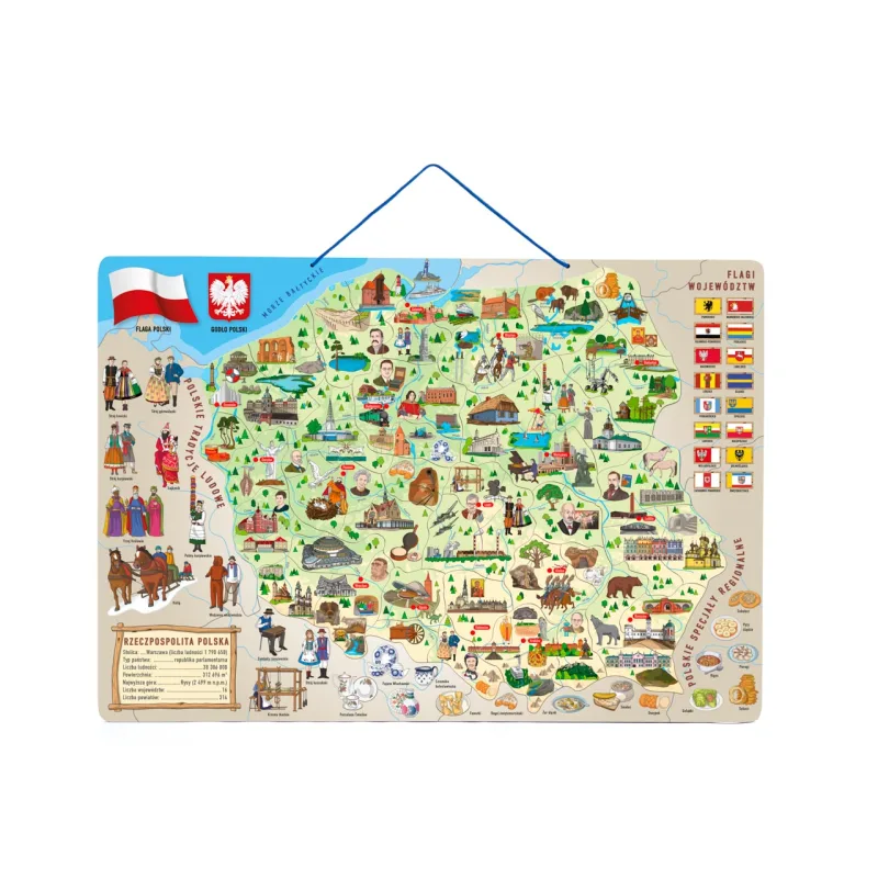 Woody Magnetická mapa Poľska s obrázkami a spoločenská hra 3v1