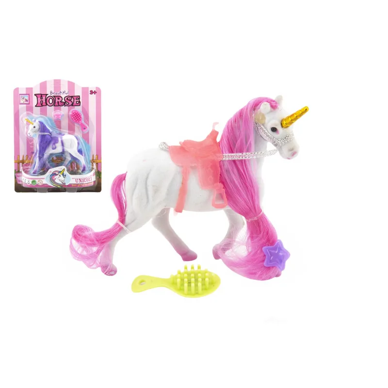 Teddies Jednorožec/kôň fliška 15cm česací so sedlom s doplnkami 2 farby na karte