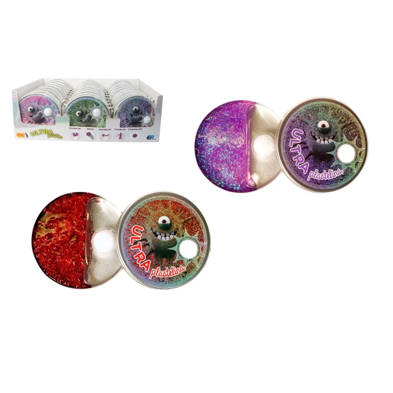 Sliz - hmota Ultra plastelína so svietiacou guličkou LED 80g mix farieb v plechovej krabičke 24ks v