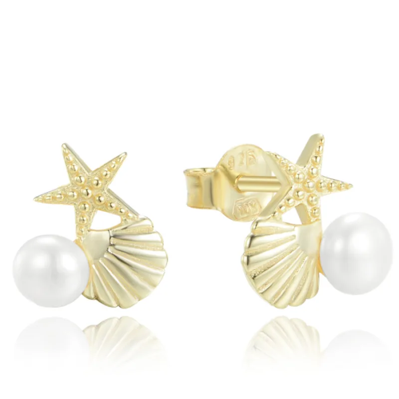 Pozlátené strieborné náušnice mušle, hviezdice a perly MINET JMAS8057GE00