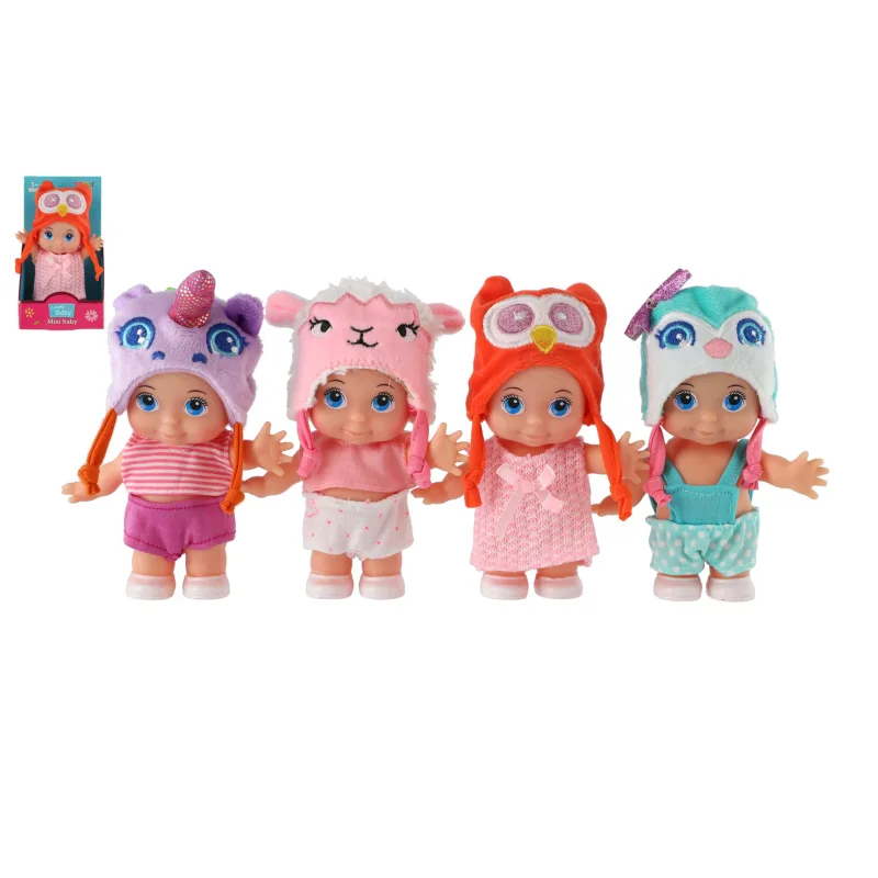 Teddies Bábika / bábätko s čiapkou plast pevné telo 15cm 4 druhy v krabičke 9x16x6cm