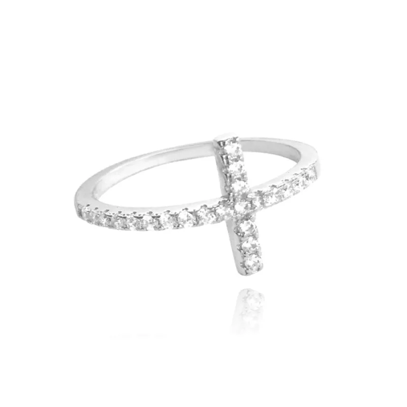 Strieborný prsteň krížik s čírymi zirkónmi MINET JMAN0005SR, 58