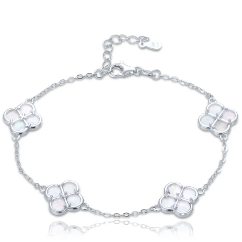 Strieborný náramok štvorlístok s bielou perlou MINET JMAS7058WB20