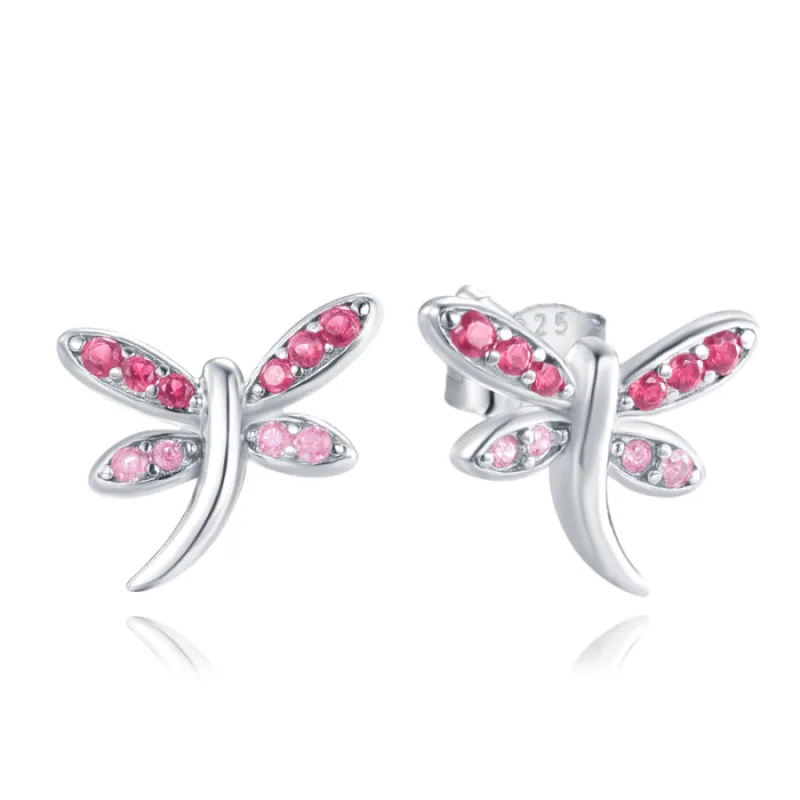 Strieborné náušnice vážky so svetloružovými a tmavoružovými zirkónmi MINET JMAN0584PE00