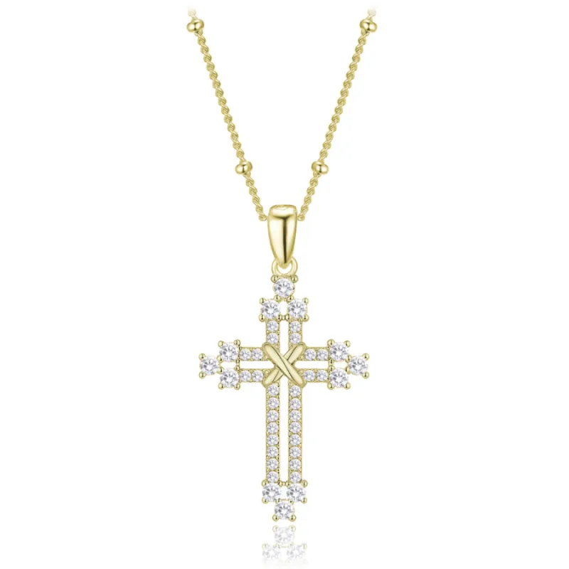 Pozlátený strieborný náhrdelník krížik so zirkónmi a retiazkou s guľôčkami MINET JMAN0668GN45